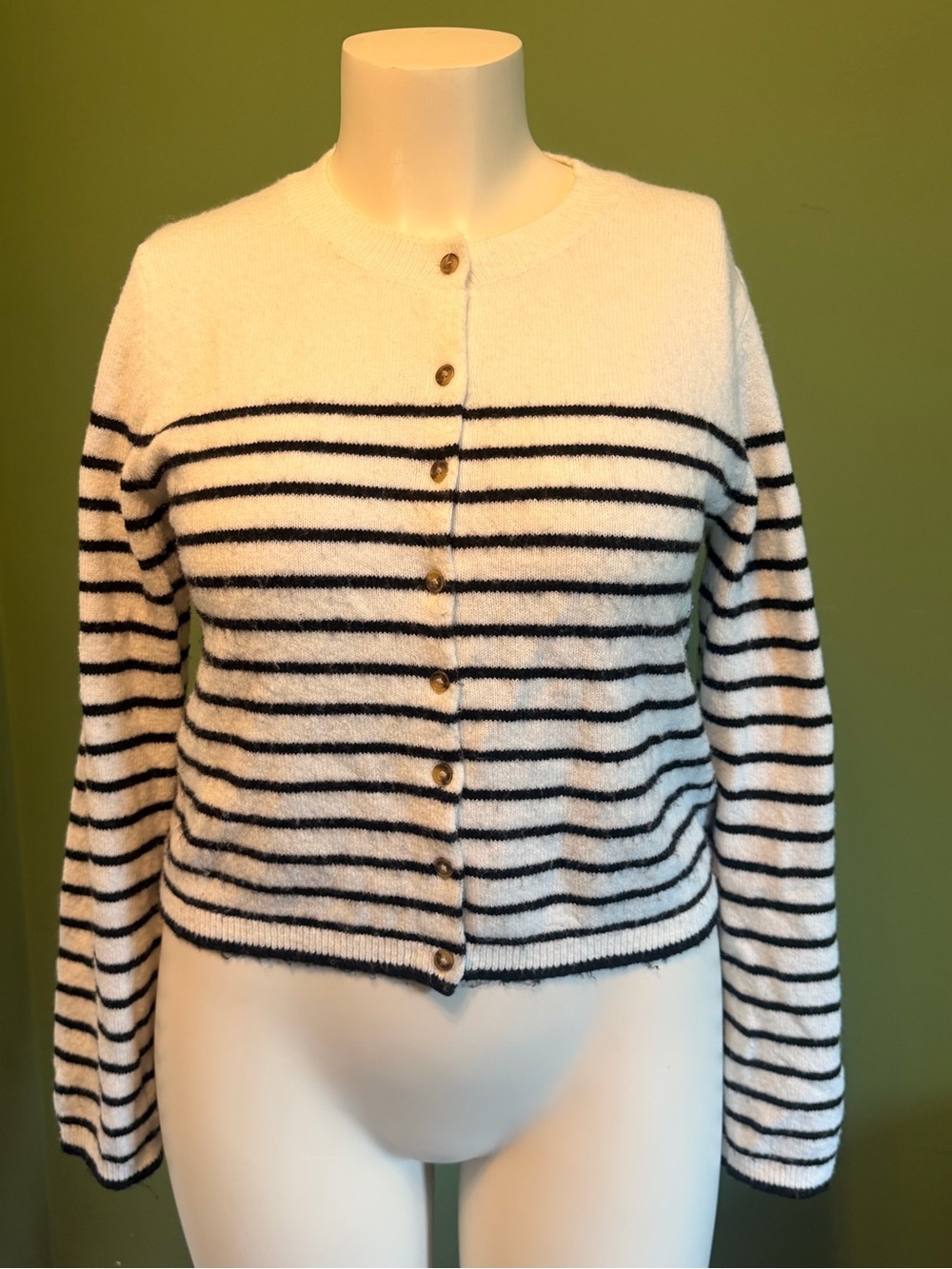 H&M White and Black Striped Button-Front Crew Cardigan